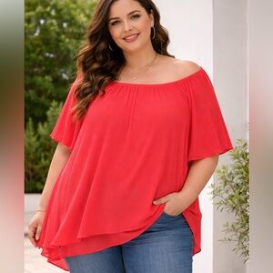 Michael Michael Kors Coral Off-The-Shoulder Pleated Top | Size 3X